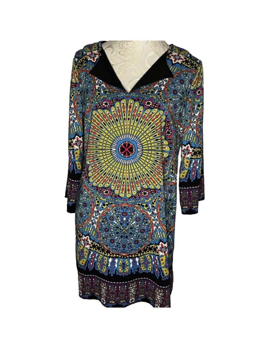 Nicole Miller Womens L Boho Medallion Print Stretch Jersey Tunic Top Multicolor